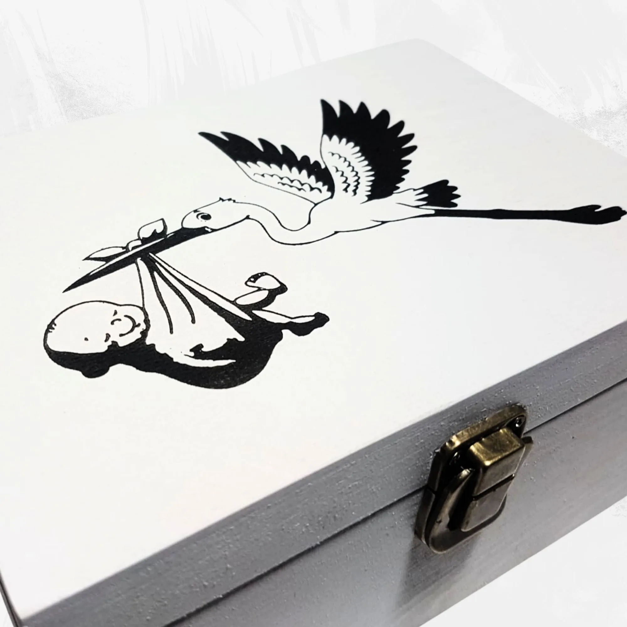 Baby's First Memory Box | Newborn Baby Stork Milestone Gift | White Wood Chest