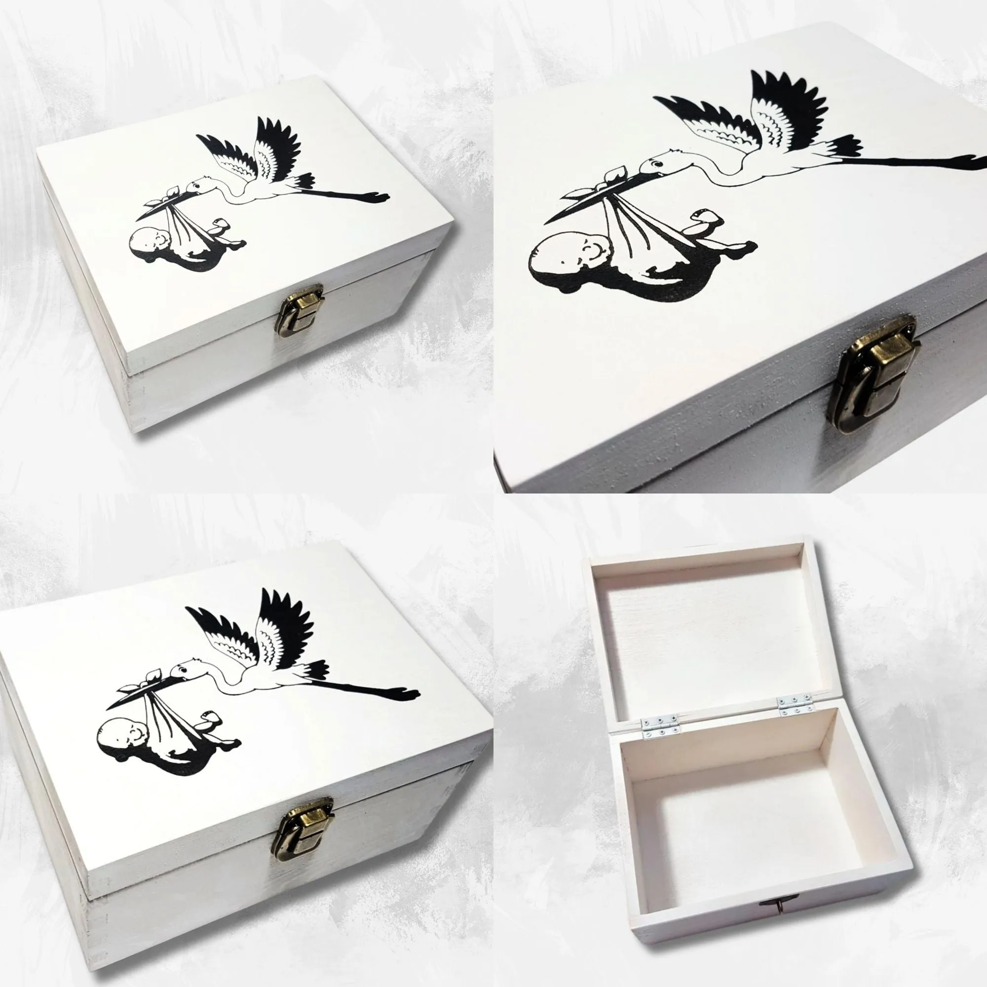 Baby's First Memory Box | Newborn Baby Stork Milestone Gift | White Wood Chest