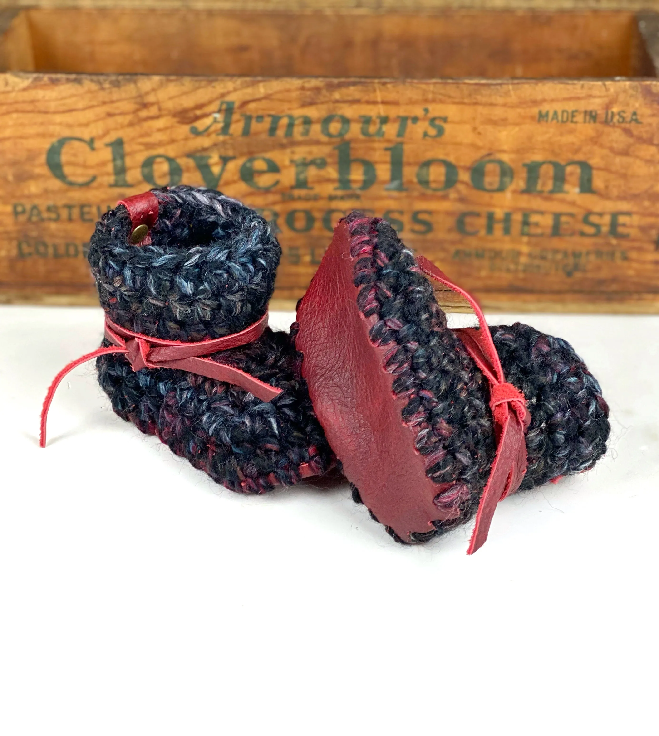 Blackstone Padraig Crocheted Burgundy Leather Sole Baby Booties Handmade Crochet