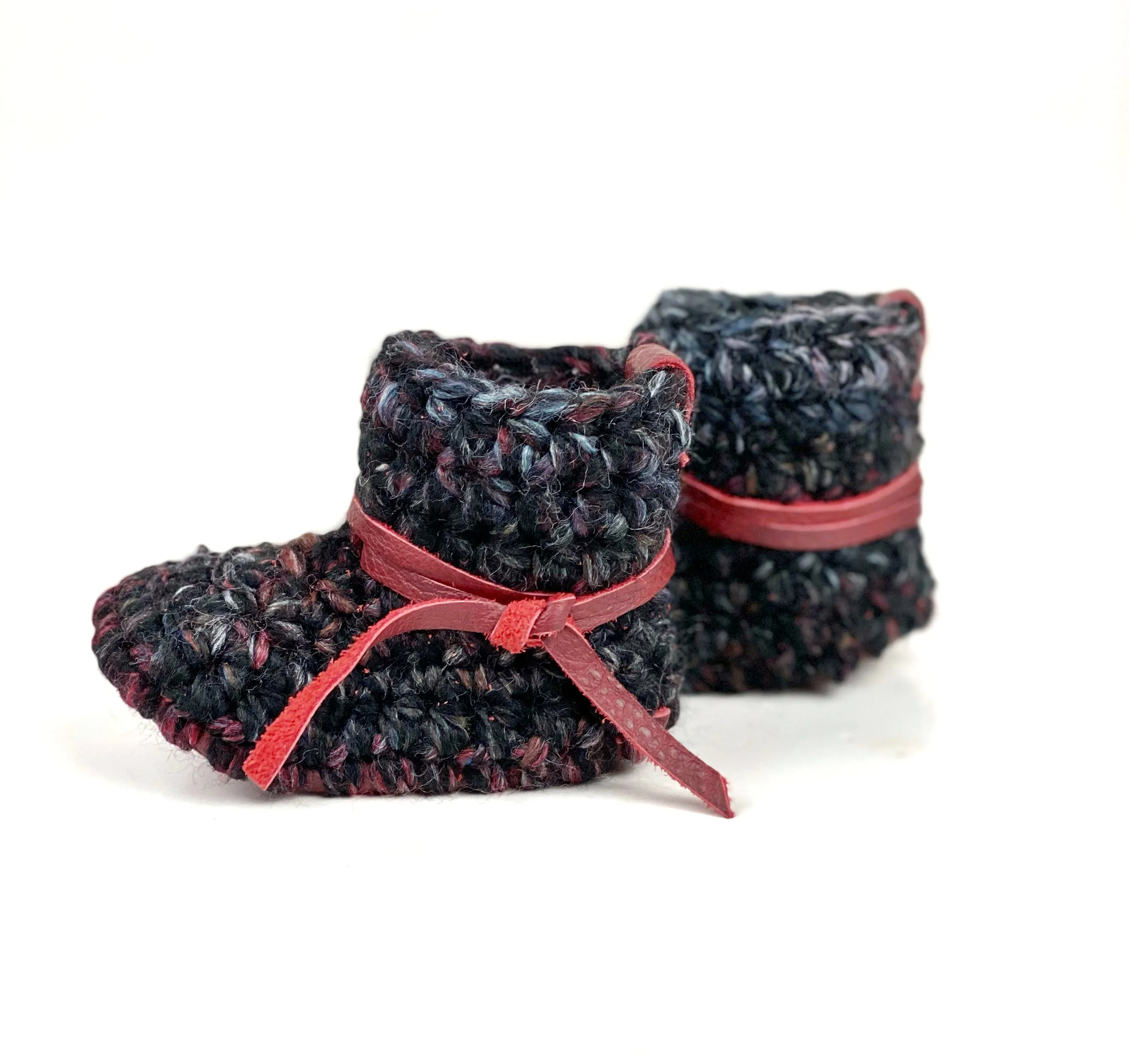 Blackstone Padraig Crocheted Burgundy Leather Sole Baby Booties Handmade Crochet