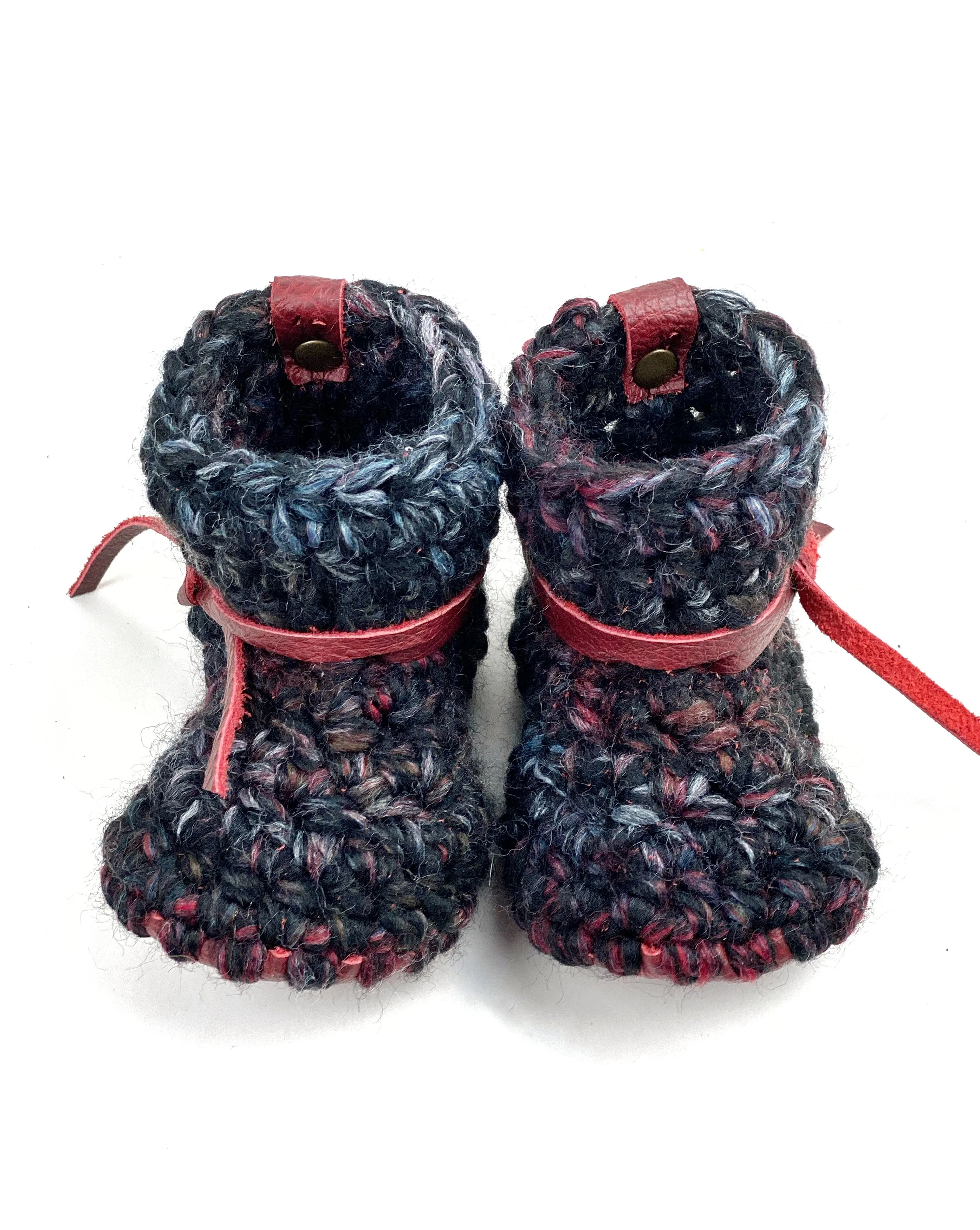 Blackstone Padraig Crocheted Burgundy Leather Sole Baby Booties Handmade Crochet