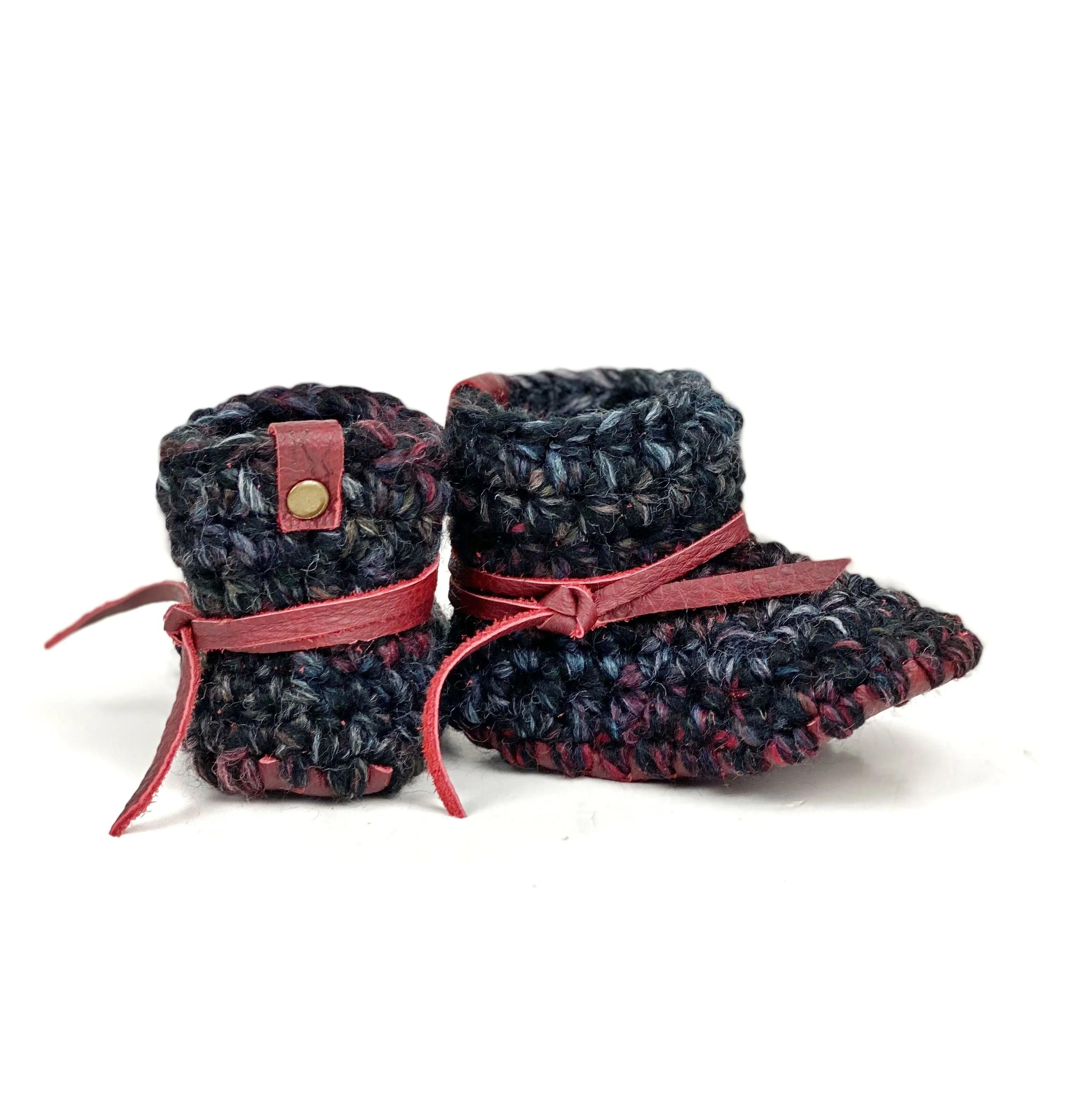 Blackstone Padraig Crocheted Burgundy Leather Sole Baby Booties Handmade Crochet