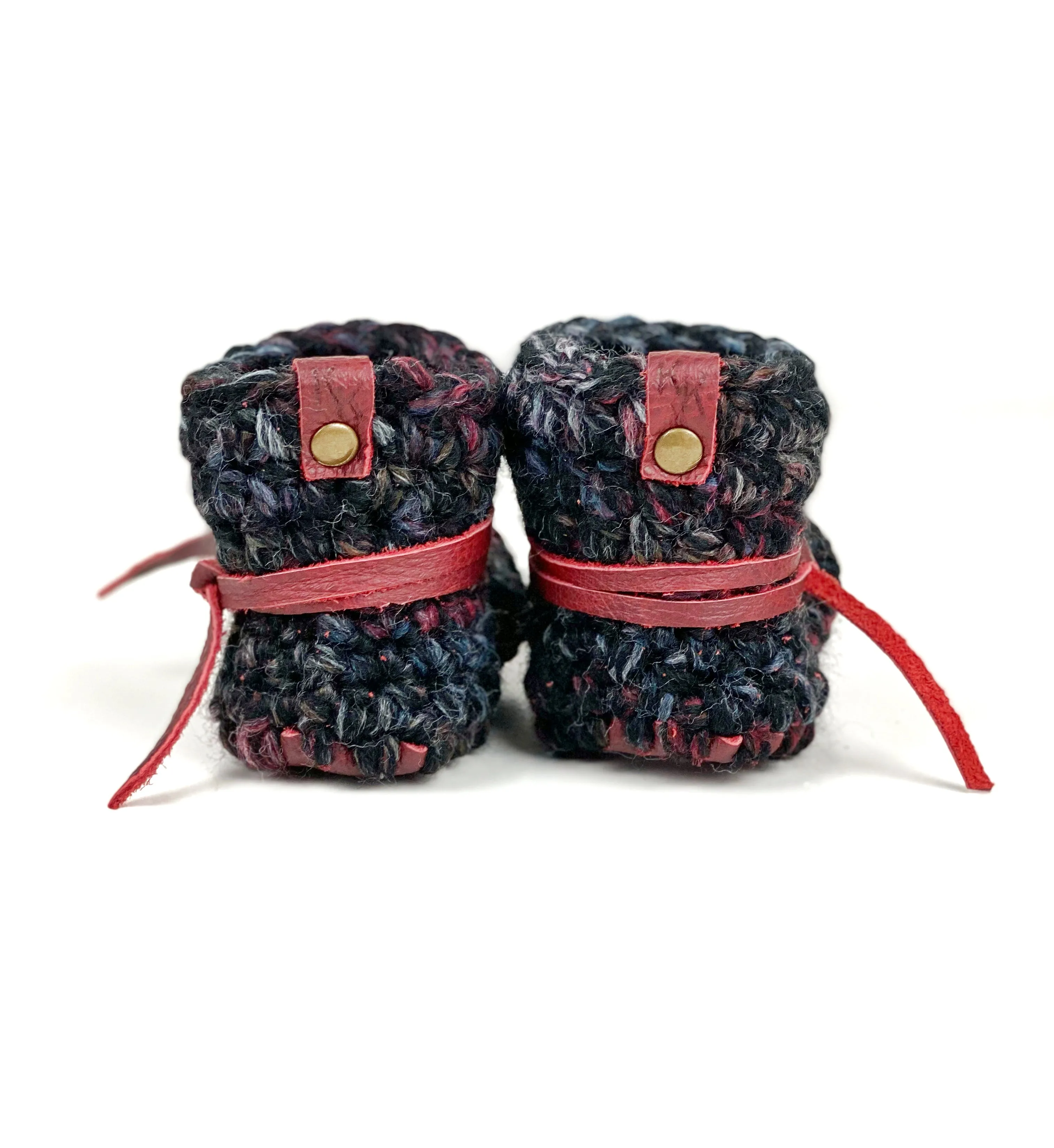 Blackstone Padraig Crocheted Burgundy Leather Sole Baby Booties Handmade Crochet