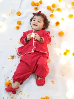 BownBee Infant Baby Girls Pure Cotton Top Harem with Headband and Booties - Red