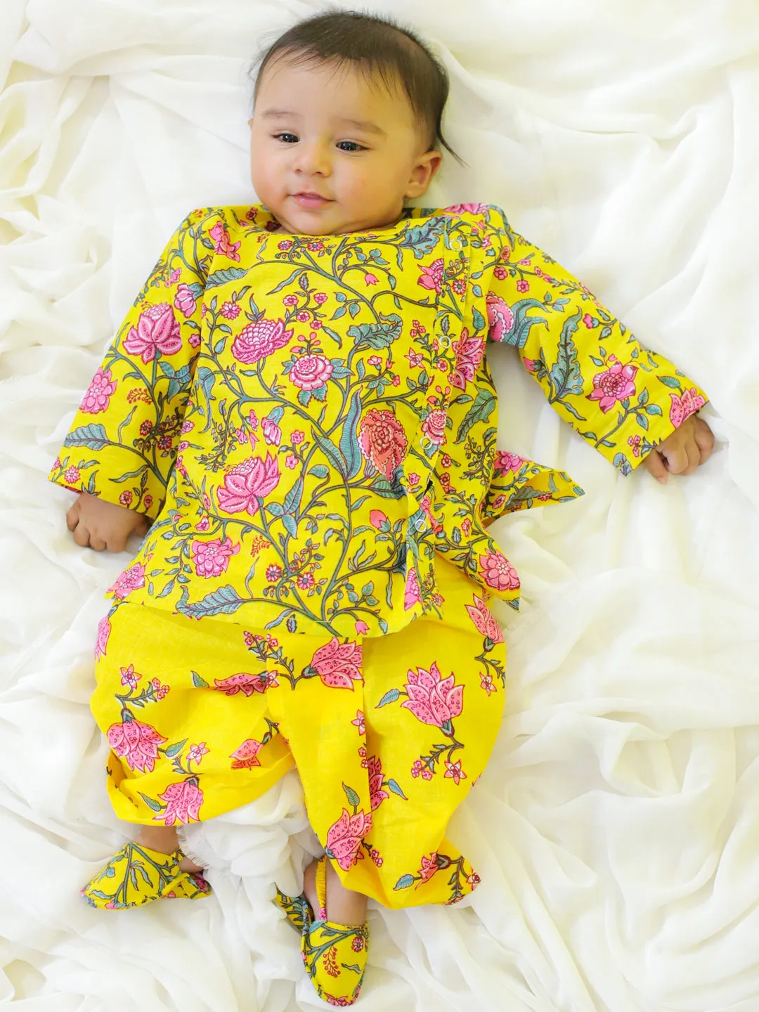 BownBee New Born and Infant Baby Dress Pure Cotton Kurta Dhoti with Booties Set for Baby Boy- Yellow
