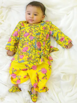 BownBee New Born and Infant Baby Dress Pure Cotton Kurta Dhoti with Booties Set for Baby Boy- Yellow