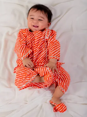 BownBee Pure Cotton Leheriya Print Kurta Dhoti with Booties Set for Baby Boy- Orange