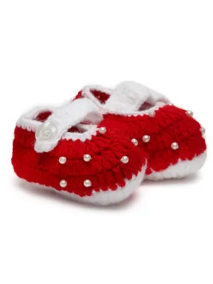 Chutput Kids Woollen Hand Knitted Self Desgin Detailed Booties - Red