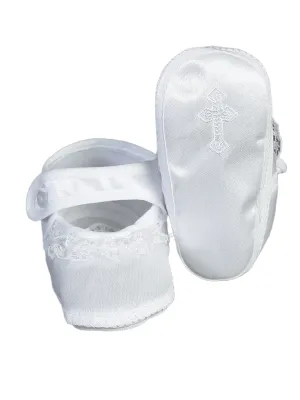 Girls White Embroidered Cross Lace Trim Christening Booties 0-4 Baby