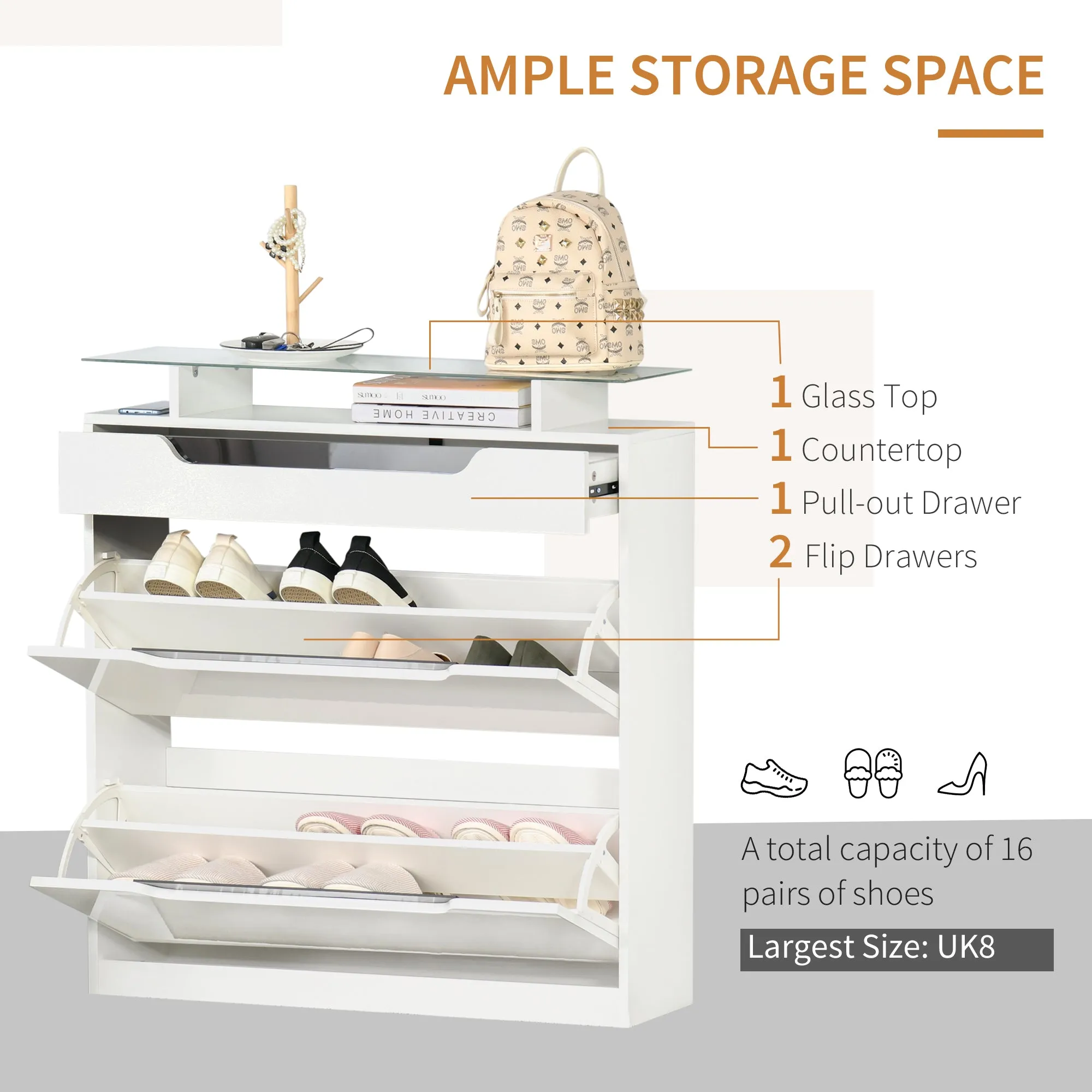 HOMCOM Shoe Storage Cabinet, Shoe Cupboard with Slide Out Drawer, 2 Flip Doors, Tempered Glass Top and Adjustable Shelves for 16 Pairs of Shoes, White