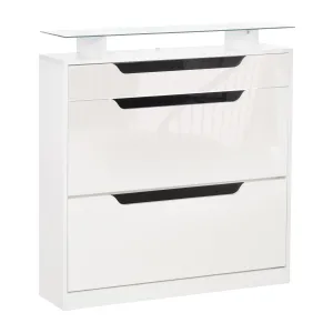 HOMCOM Shoe Storage Cabinet, Shoe Cupboard with Slide Out Drawer, 2 Flip Doors, Tempered Glass Top and Adjustable Shelves for 16 Pairs of Shoes, White