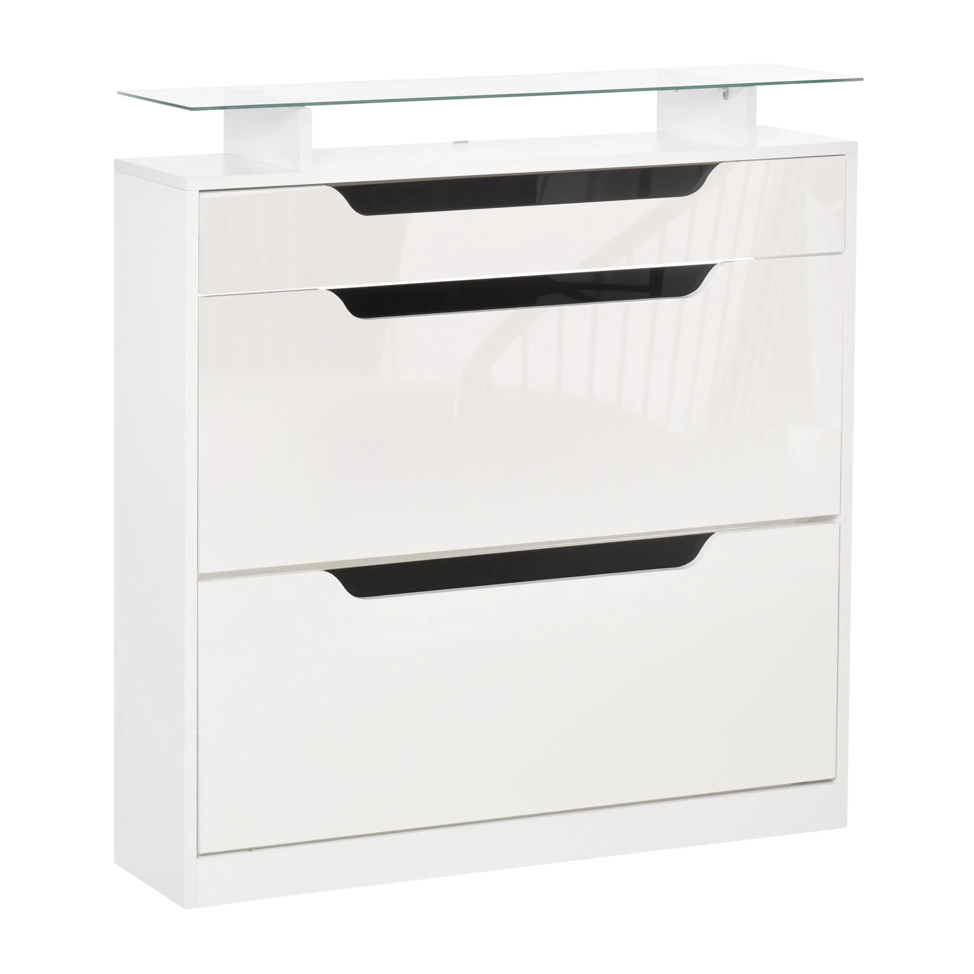 HOMCOM Shoe Storage Cabinet, Shoe Cupboard with Slide Out Drawer, 2 Flip Doors, Tempered Glass Top and Adjustable Shelves for 16 Pairs of Shoes, White