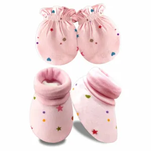 KIDS AND BEBS New Born Baby Mitten And Booties Set ( star pink )