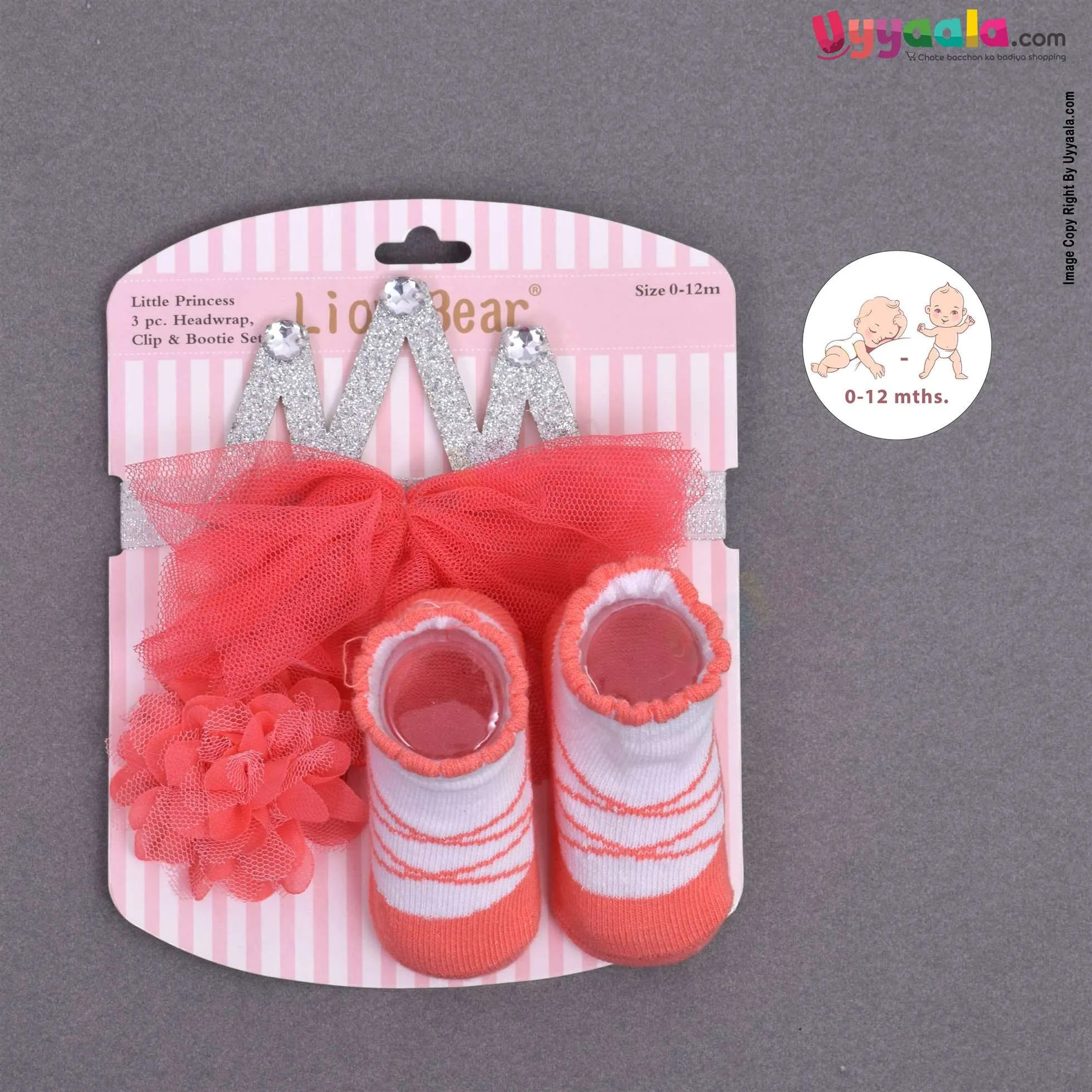 LION BEAR Headwrap, flower bow clip & booties set (3 pcs) for babies - dark peach, 0 - 12 m