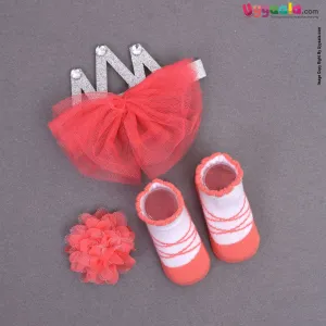 LION BEAR Headwrap, flower bow clip & booties set (3 pcs) for babies - dark peach, 0 - 12 m