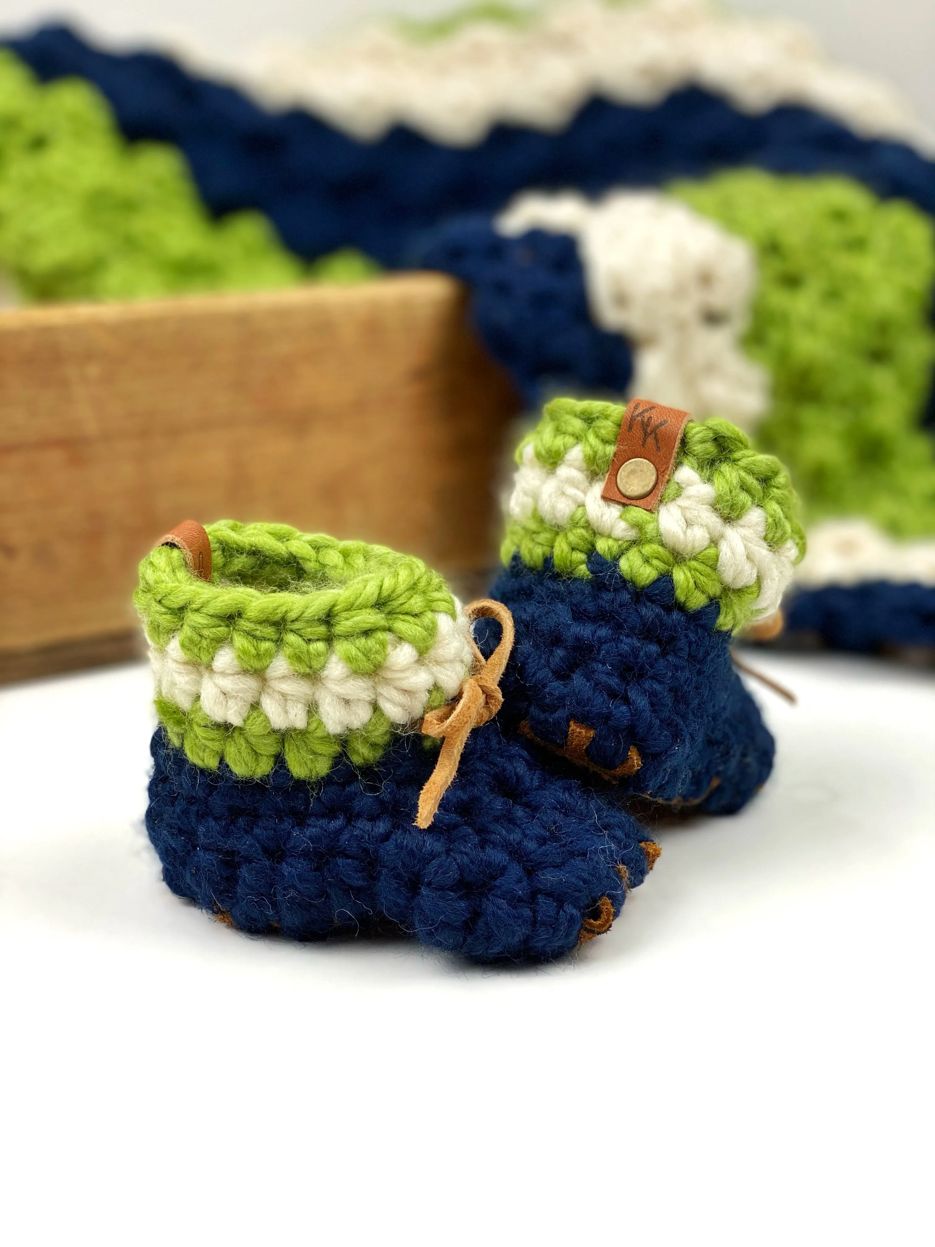 Seattle Seahawks Inspired Padraig Crocheted Suede Sole Baby Booties Handmade