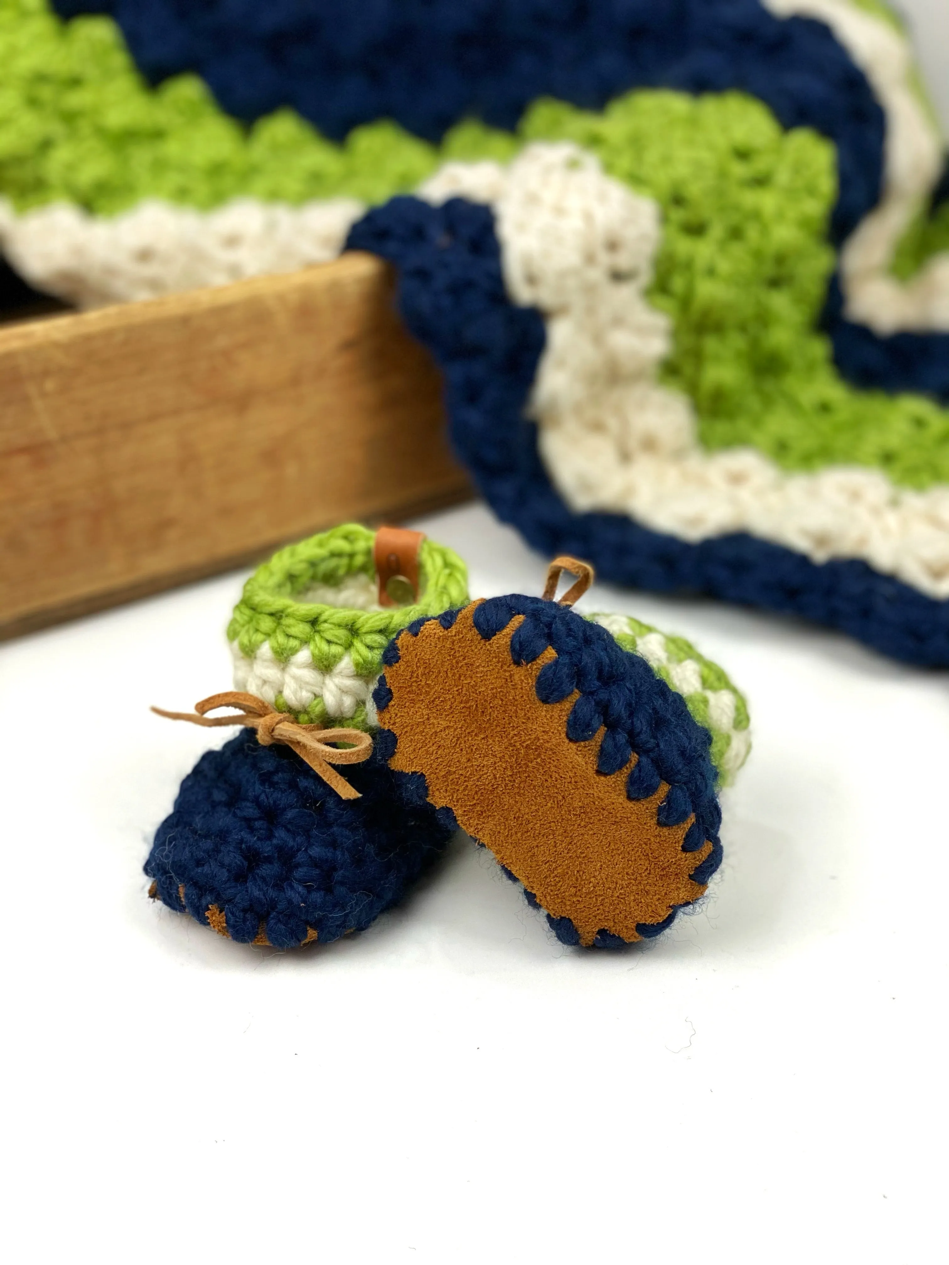 Seattle Seahawks Inspired Padraig Crocheted Suede Sole Baby Booties Handmade
