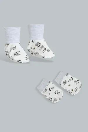 White And Grey Peanuts Mittens And Booties Set (2 Piece)