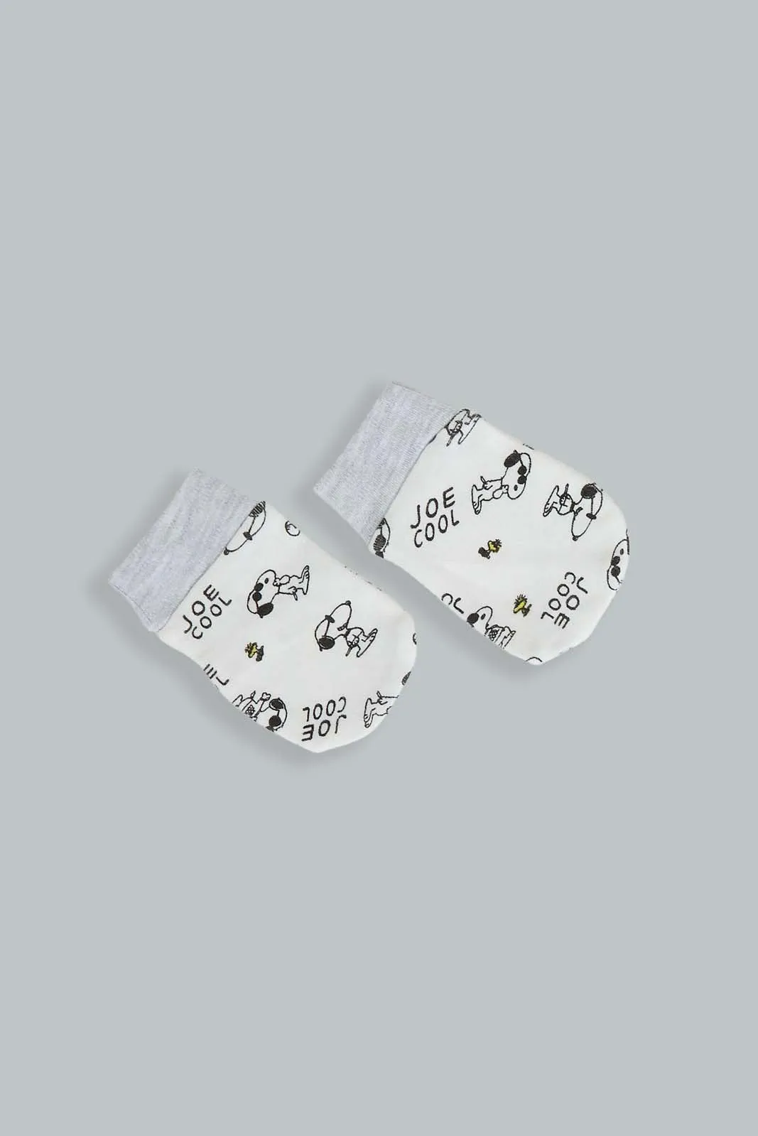 White And Grey Peanuts Mittens And Booties Set (2 Piece)