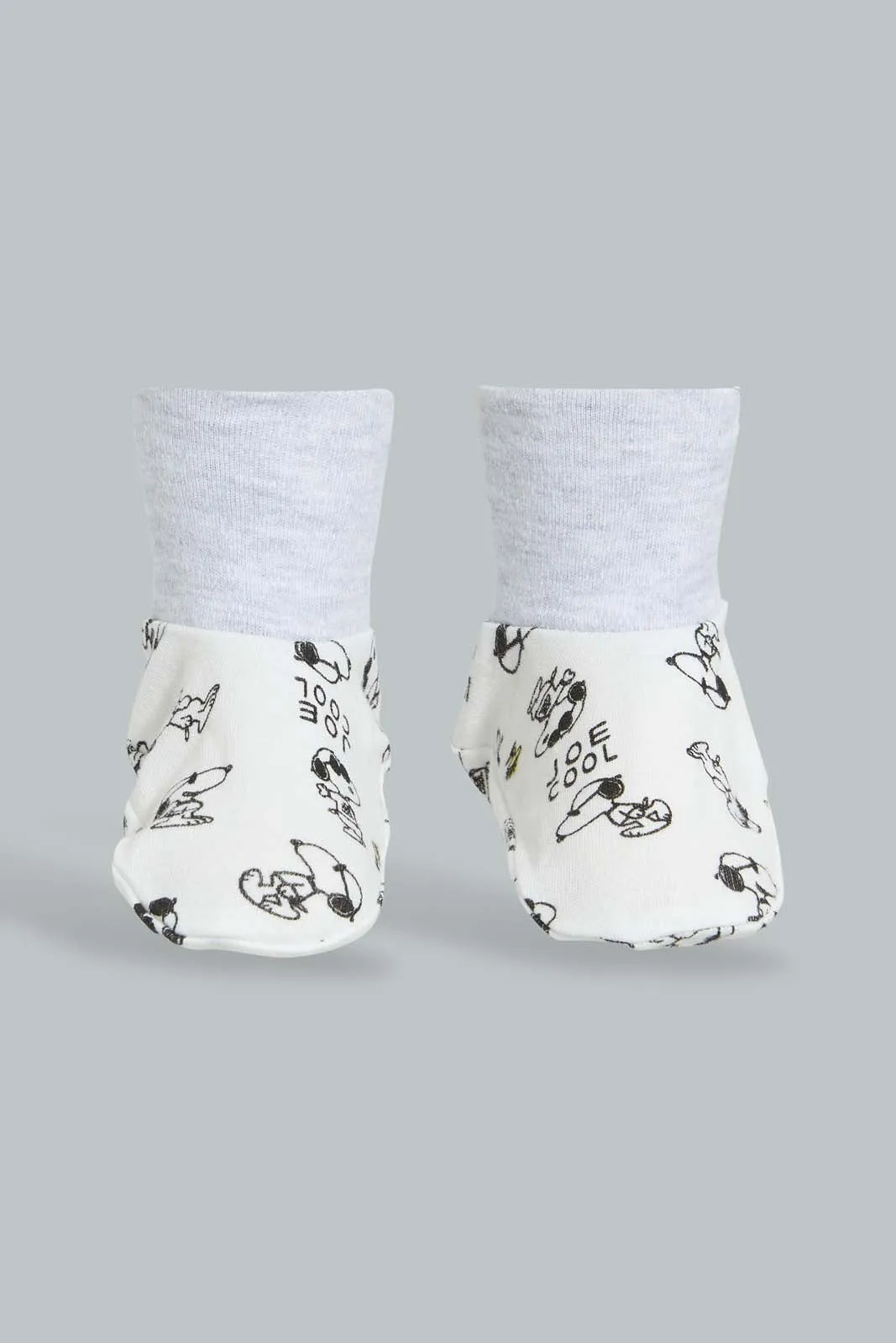 White And Grey Peanuts Mittens And Booties Set (2 Piece)