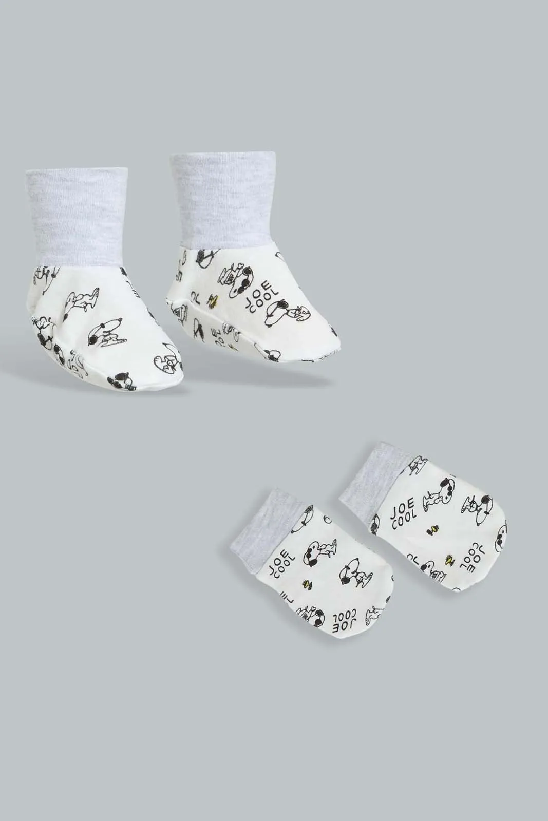 White And Grey Peanuts Mittens And Booties Set (2 Piece)